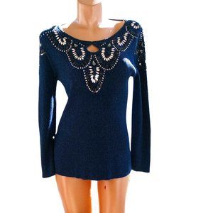 LAUREN MICHELLE BLUE/SILVER RHINESTONE LONG SLEEVE RIBBED TOP SIZE MEDIUM